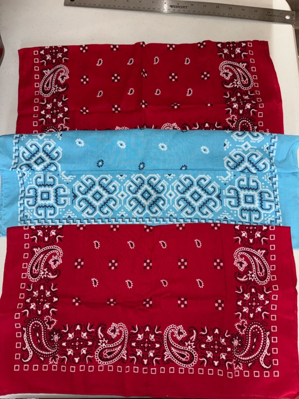 Vintage 100% Cotton USA Made Red and Light Blue Paisley Bandanas - Set of 3